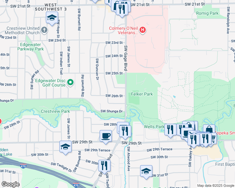 map of restaurants, bars, coffee shops, grocery stores, and more near 3905 Southwest 26th Street in Topeka