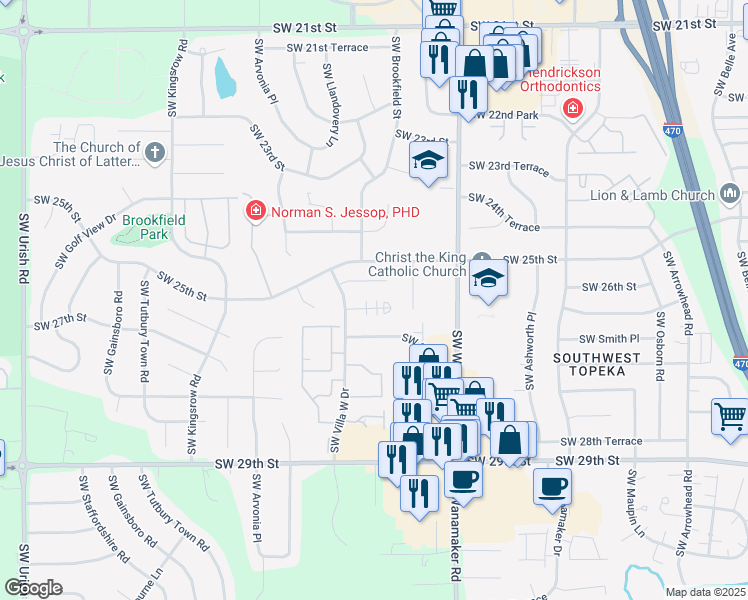 map of restaurants, bars, coffee shops, grocery stores, and more near 6129 Southwest 26th Court in Topeka
