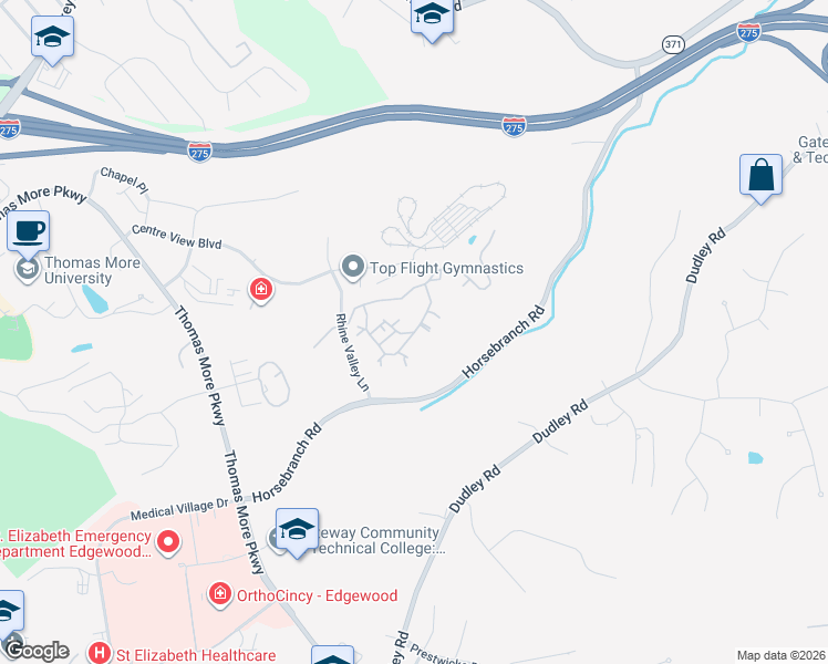 map of restaurants, bars, coffee shops, grocery stores, and more near Tuscany Valley Court in Crestview Hills
