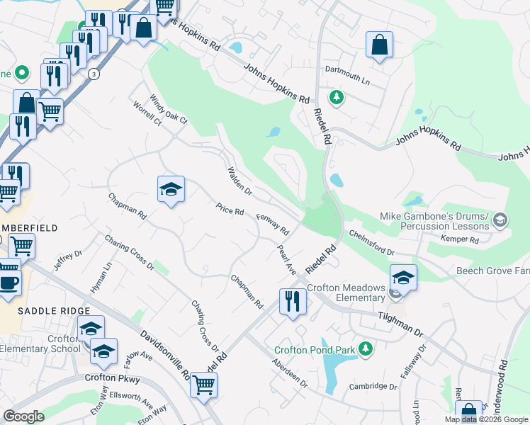 map of restaurants, bars, coffee shops, grocery stores, and more near 1527 Fenway Road in Crofton