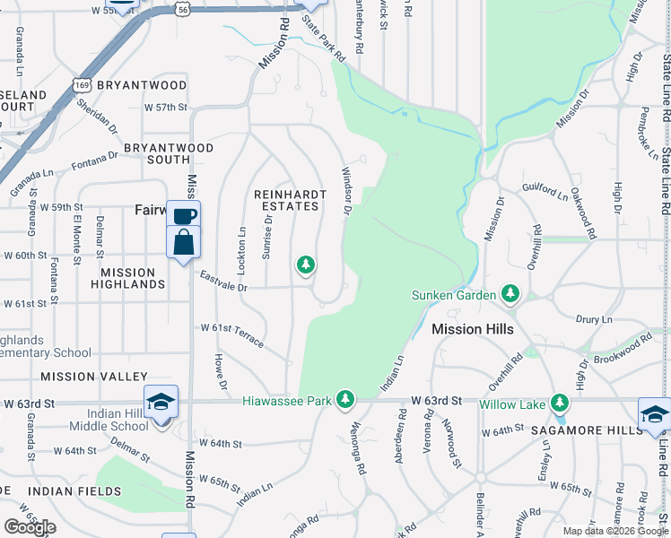 map of restaurants, bars, coffee shops, grocery stores, and more near 6012 Windsor Drive in Fairway