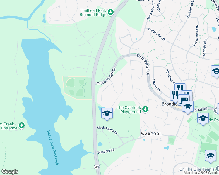 map of restaurants, bars, coffee shops, grocery stores, and more near 21568 Burnt Hickory Court in Broadlands