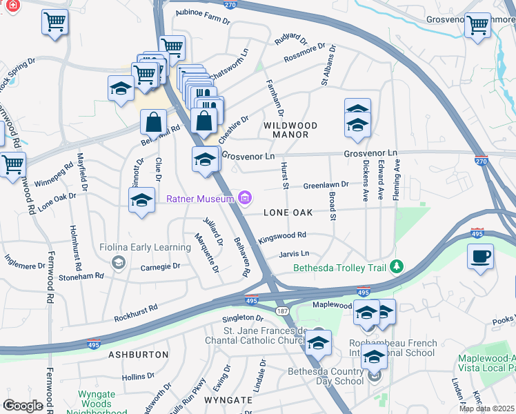 map of restaurants, bars, coffee shops, grocery stores, and more near 5913 Lone Oak Drive in Bethesda