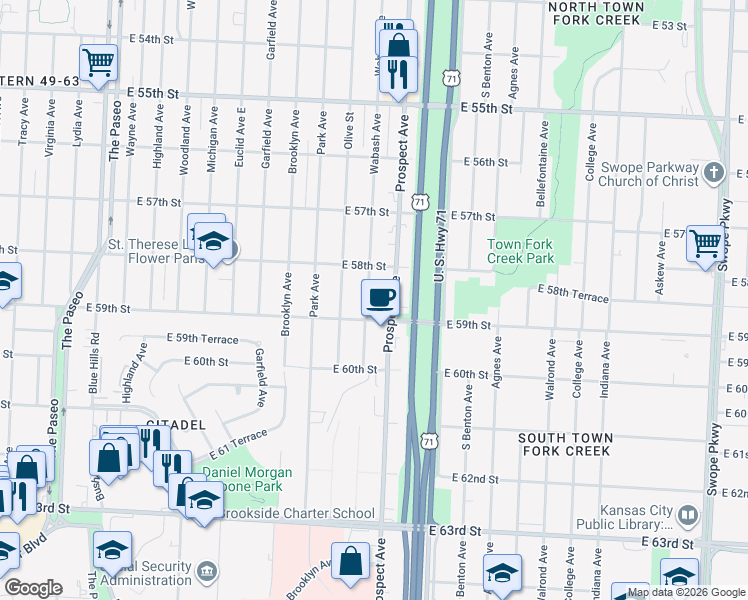 map of restaurants, bars, coffee shops, grocery stores, and more near 5827 Wabash Avenue in Kansas City