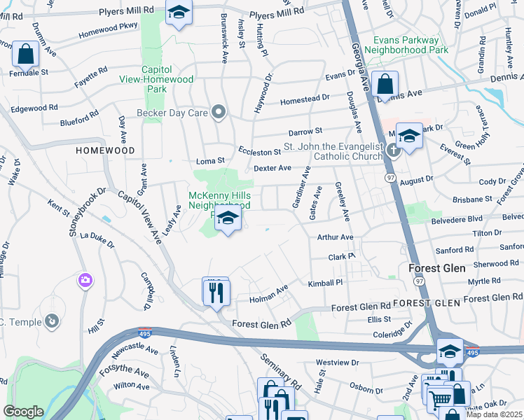 map of restaurants, bars, coffee shops, grocery stores, and more near Hayden Drive in Silver Spring