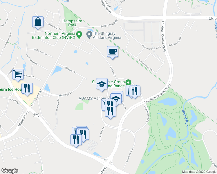 map of restaurants, bars, coffee shops, grocery stores, and more near 21740 Beaumeade Circle in Ashburn