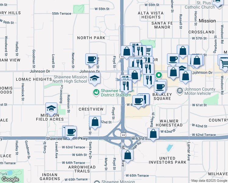 map of restaurants, bars, coffee shops, grocery stores, and more near 6000 Metcalf Lane in Mission