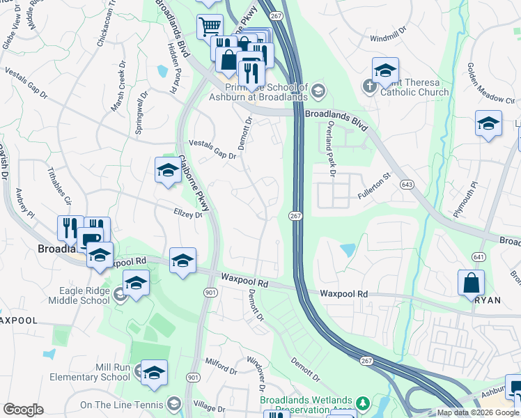 map of restaurants, bars, coffee shops, grocery stores, and more near 43166 Ivywood Terrace in Broadlands