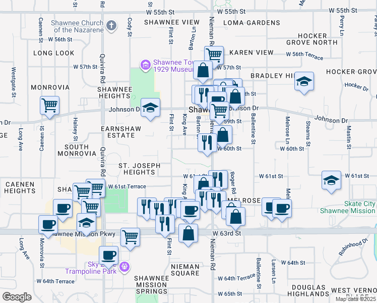 map of restaurants, bars, coffee shops, grocery stores, and more near 11221 West 60th Street in Shawnee