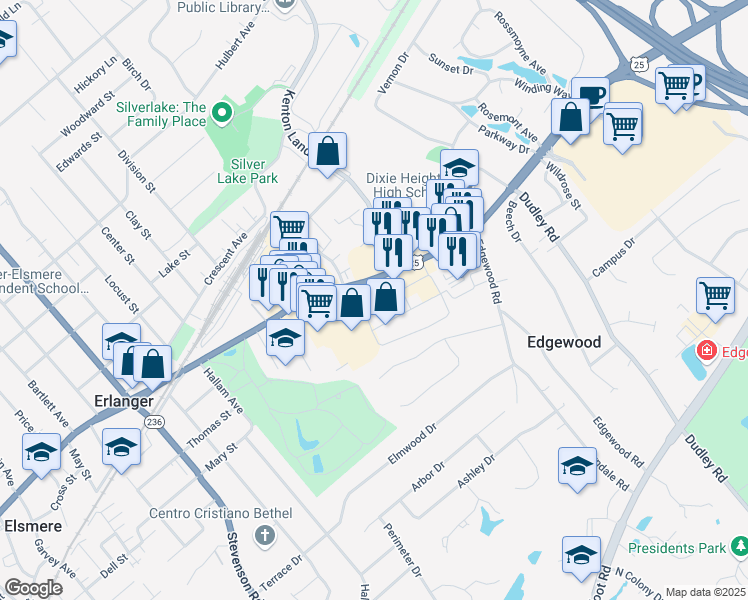 map of restaurants, bars, coffee shops, grocery stores, and more near 3103 Dixie Highway in Edgewood