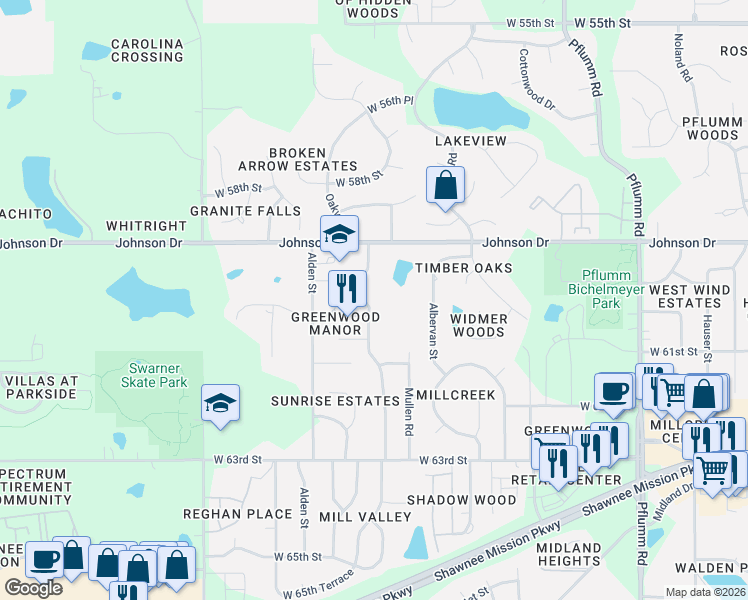 map of restaurants, bars, coffee shops, grocery stores, and more near 6015 Greenwood Street in Shawnee