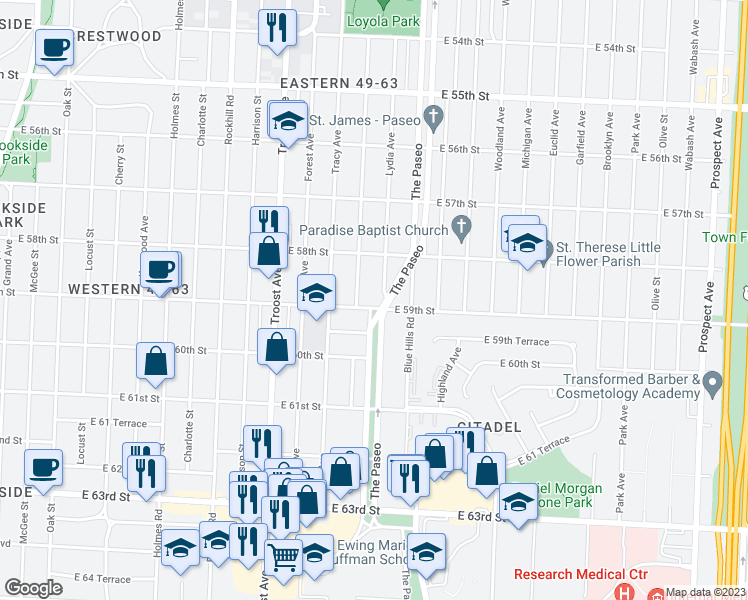 map of restaurants, bars, coffee shops, grocery stores, and more near 1334 East 59th Street in Kansas City
