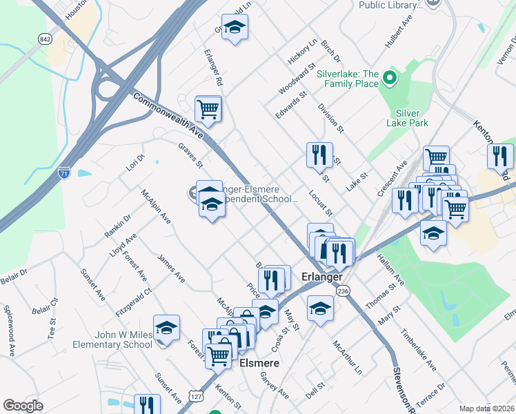 map of restaurants, bars, coffee shops, grocery stores, and more near 3508 Cowie Avenue in Erlanger