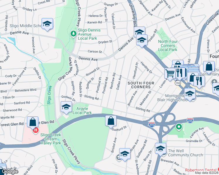 map of restaurants, bars, coffee shops, grocery stores, and more near 10012 Dallas Avenue in Silver Spring