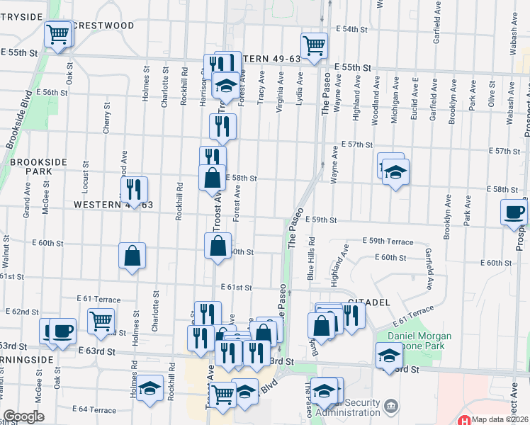 map of restaurants, bars, coffee shops, grocery stores, and more near 1301 East 59th Street in Kansas City