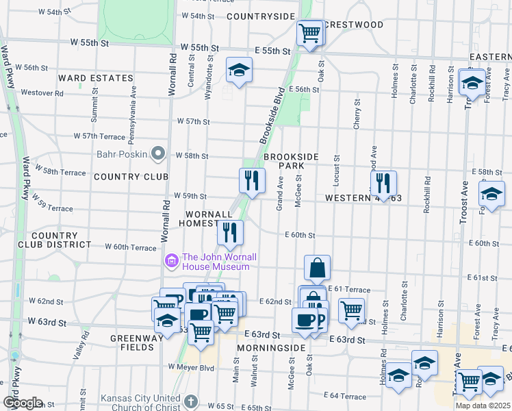 map of restaurants, bars, coffee shops, grocery stores, and more near 10 Morningside Drive in Kansas City