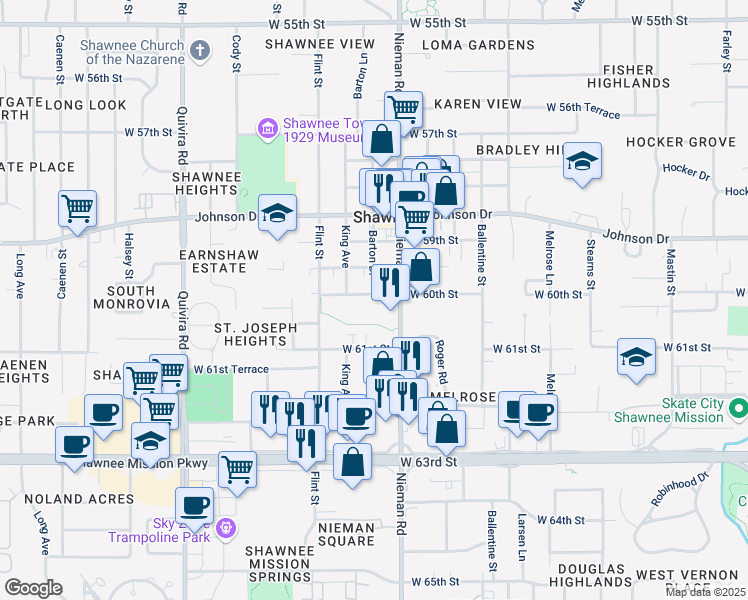 map of restaurants, bars, coffee shops, grocery stores, and more near 6012 Barton Street in Shawnee