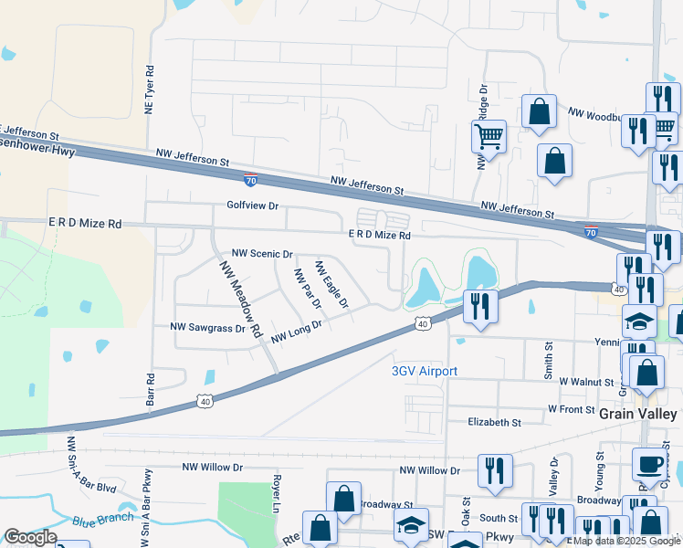 map of restaurants, bars, coffee shops, grocery stores, and more near 700 Northwest Green Drive in Grain Valley