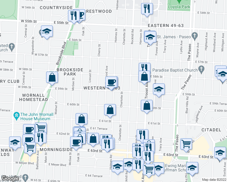 map of restaurants, bars, coffee shops, grocery stores, and more near Holmes St & E 59th St in Kansas City