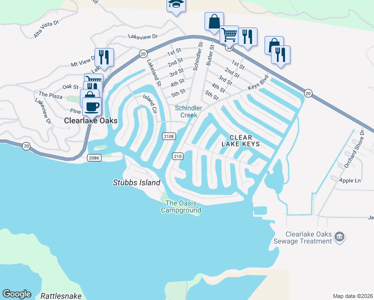 map of restaurants, bars, coffee shops, grocery stores, and more near 680 Keys Boulevard in Clearlake Oaks