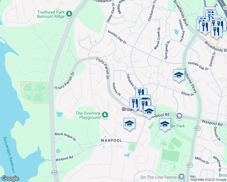map of restaurants, bars, coffee shops, grocery stores, and more near 21563 Awbrey Place in Broadlands