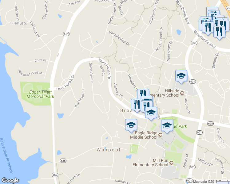 map of restaurants, bars, coffee shops, grocery stores, and more near 21563 Awbrey Place in Broadlands