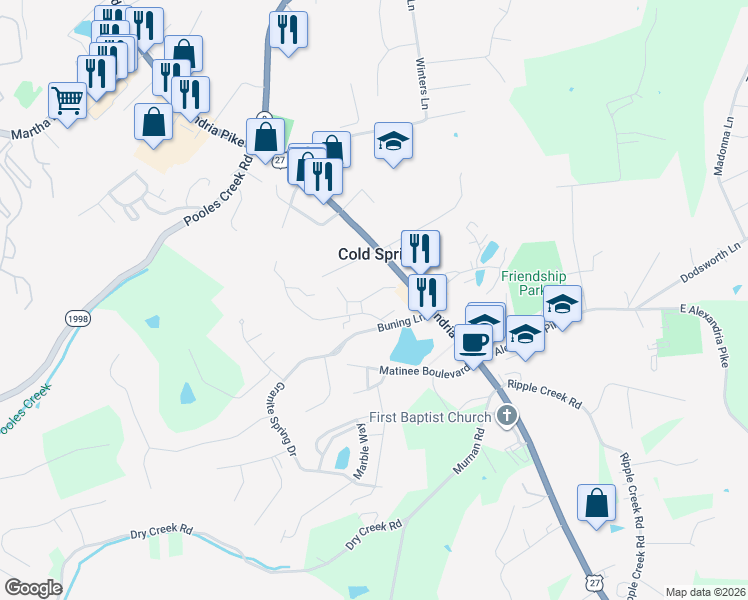 map of restaurants, bars, coffee shops, grocery stores, and more near 120 Creekstone Court in Cold Spring