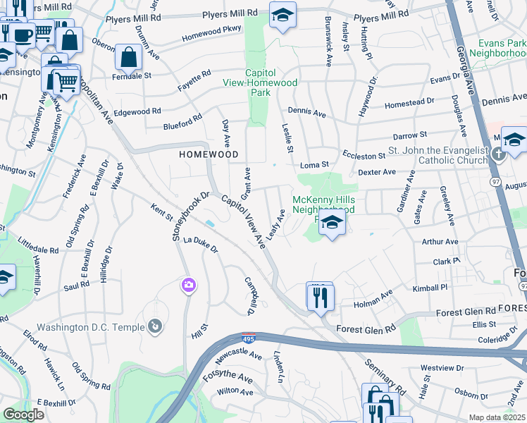 map of restaurants, bars, coffee shops, grocery stores, and more near 10012 Menlo Avenue in Silver Spring