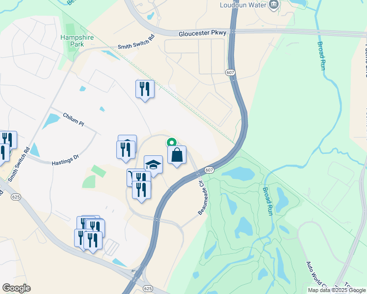 map of restaurants, bars, coffee shops, grocery stores, and more near 21407 Beaumeade Circle in Ashburn