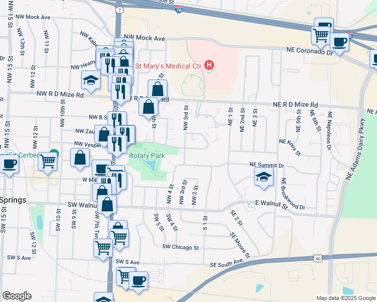 map of restaurants, bars, coffee shops, grocery stores, and more near 216 Northwest Vesper Street in Blue Springs