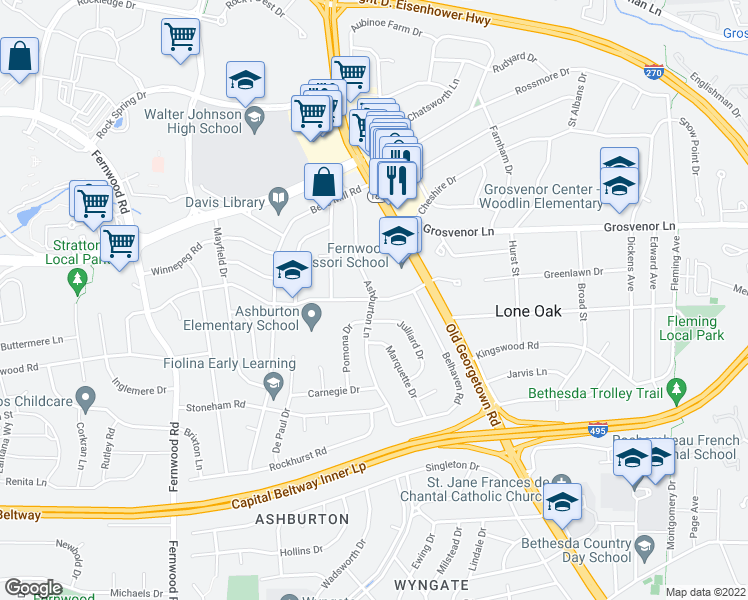 map of restaurants, bars, coffee shops, grocery stores, and more near Lone Oak Dr & Ashburton Ln in North Bethesda