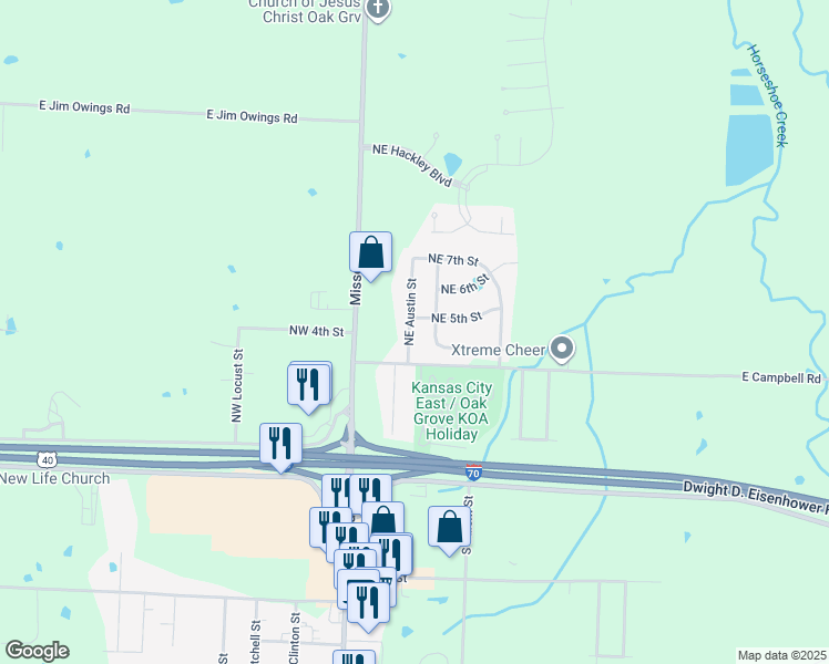 map of restaurants, bars, coffee shops, grocery stores, and more near 300 Northeast Austin Street in Oak Grove
