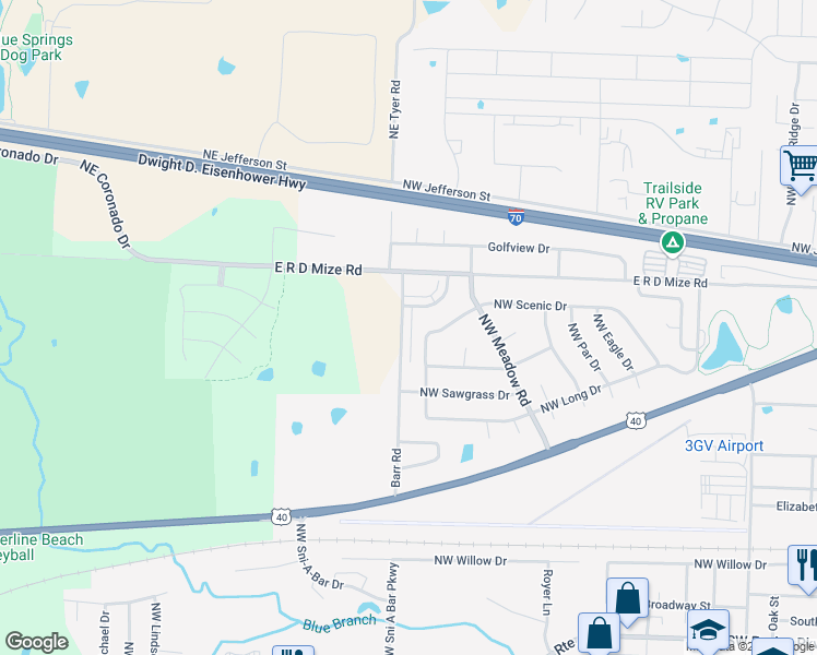 map of restaurants, bars, coffee shops, grocery stores, and more near 211 Barr Road in Grain Valley