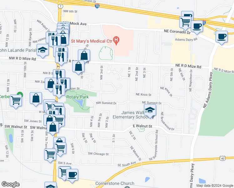 map of restaurants, bars, coffee shops, grocery stores, and more near 201 Northwest 1st Street Court in Blue Springs