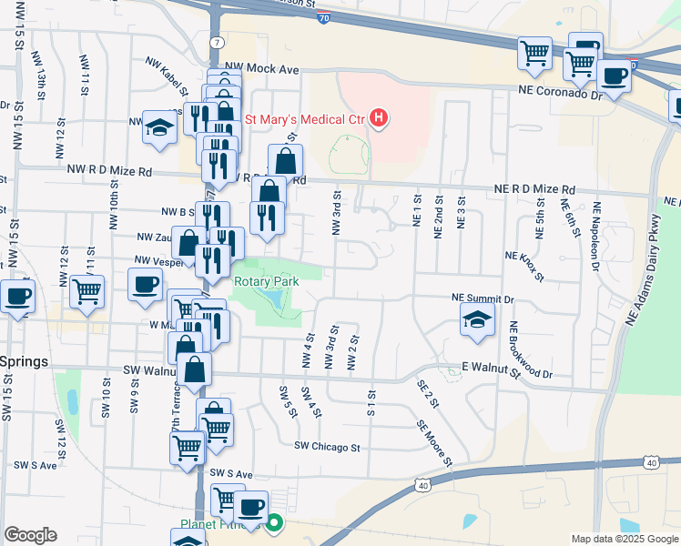 map of restaurants, bars, coffee shops, grocery stores, and more near 200 Northwest 3rd Street in Blue Springs