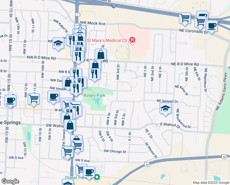 map of restaurants, bars, coffee shops, grocery stores, and more near 200 Northwest 3rd Street in Blue Springs