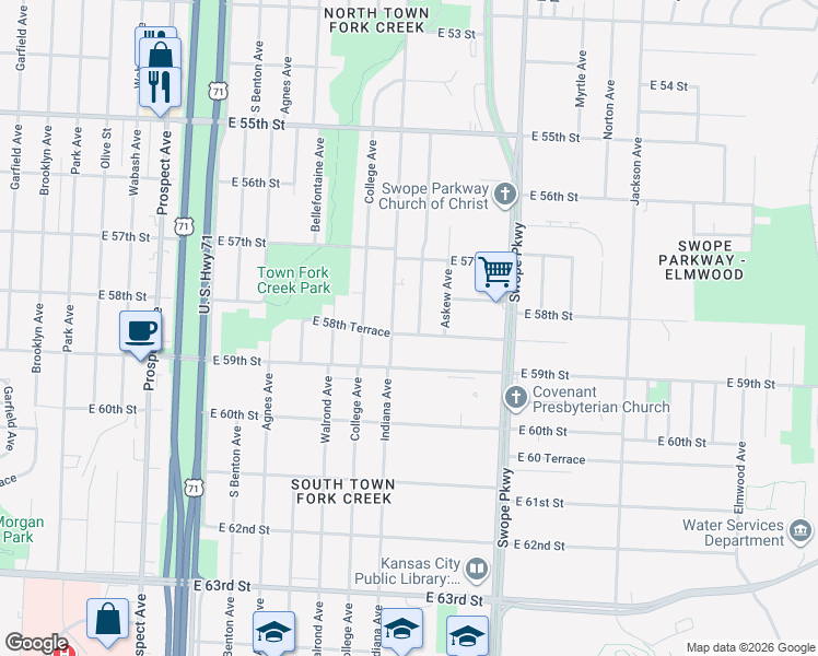 map of restaurants, bars, coffee shops, grocery stores, and more near 3505 East 58th Terrace in Kansas City