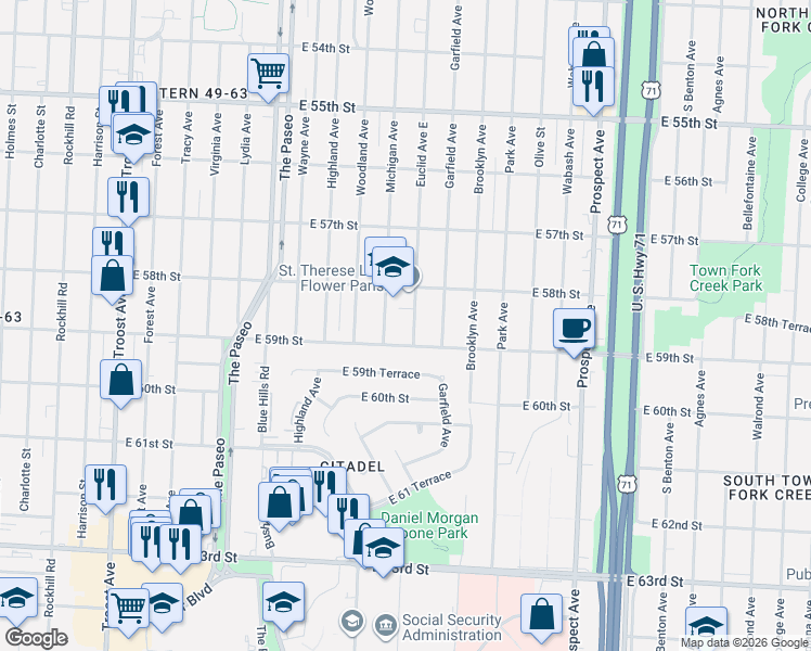 map of restaurants, bars, coffee shops, grocery stores, and more near 1851 East 59th Street in Kansas City