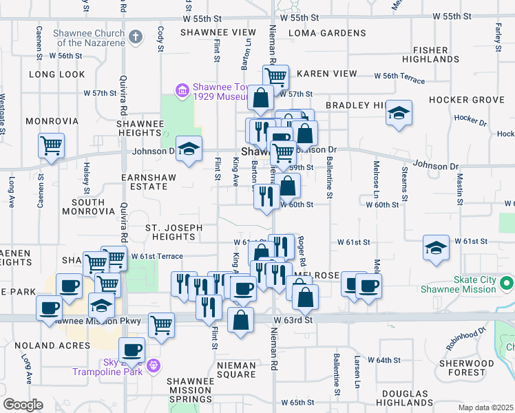 map of restaurants, bars, coffee shops, grocery stores, and more near 6012 Barton Street in Shawnee