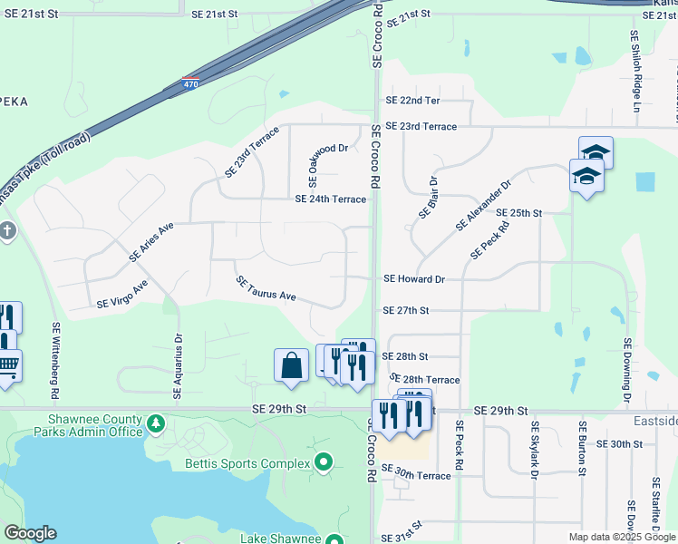 map of restaurants, bars, coffee shops, grocery stores, and more near 2625 Southeast Mercury Avenue in Topeka