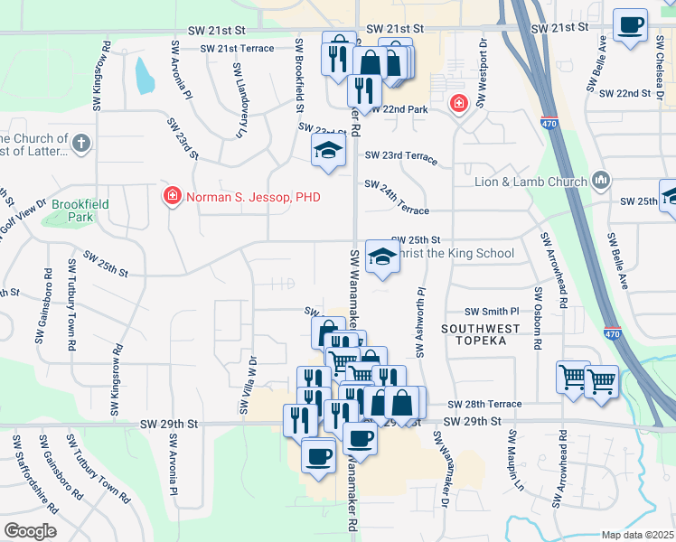 map of restaurants, bars, coffee shops, grocery stores, and more near 2641 SW Wanamaker Rd in Topeka