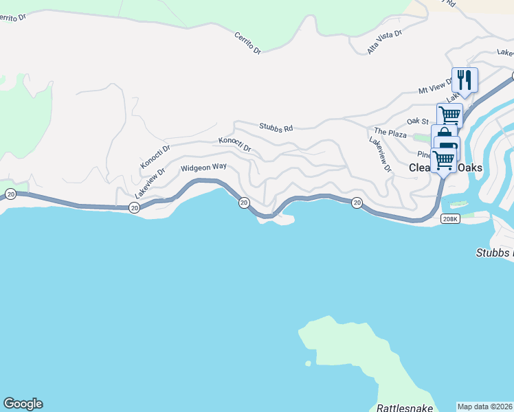 map of restaurants, bars, coffee shops, grocery stores, and more near 11949 Widgeon Way in Clearlake Oaks