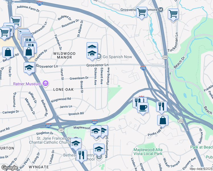 map of restaurants, bars, coffee shops, grocery stores, and more near 5601 Lone Oak Drive in Bethesda
