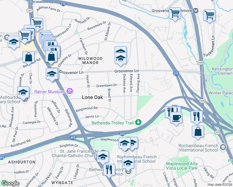 map of restaurants, bars, coffee shops, grocery stores, and more near 5709 Lone Oak Drive in Bethesda