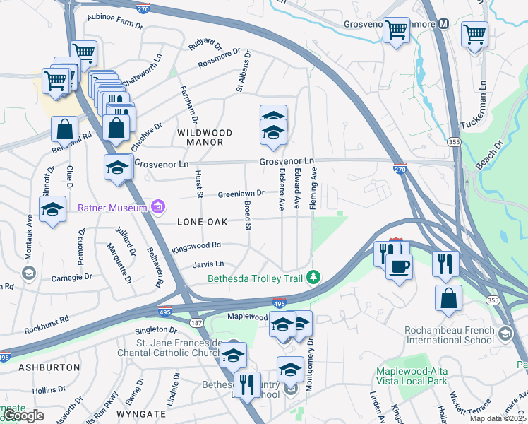 map of restaurants, bars, coffee shops, grocery stores, and more near 5709 Lone Oak Drive in Bethesda