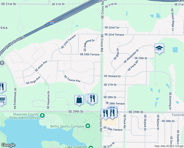 map of restaurants, bars, coffee shops, grocery stores, and more near 2625 Southeast Mercury Avenue in Topeka