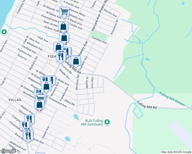 map of restaurants, bars, coffee shops, grocery stores, and more near 1611 Jennings Avenue in Lower Township