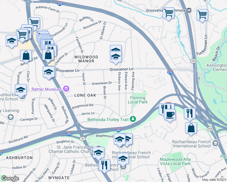 map of restaurants, bars, coffee shops, grocery stores, and more near 5707 Lone Oak Drive in Bethesda