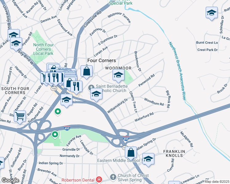 map of restaurants, bars, coffee shops, grocery stores, and more near 205 Saint Lawrence Drive in Silver Spring