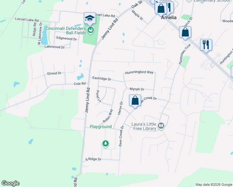 map of restaurants, bars, coffee shops, grocery stores, and more near 26 Robin Way in Amelia